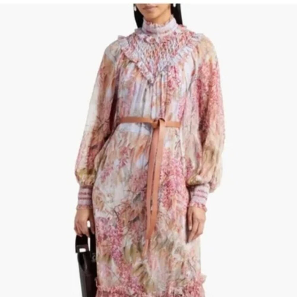 Zimmermann Botanica Belted Smocked Silk-georgette Midi Dress 0P